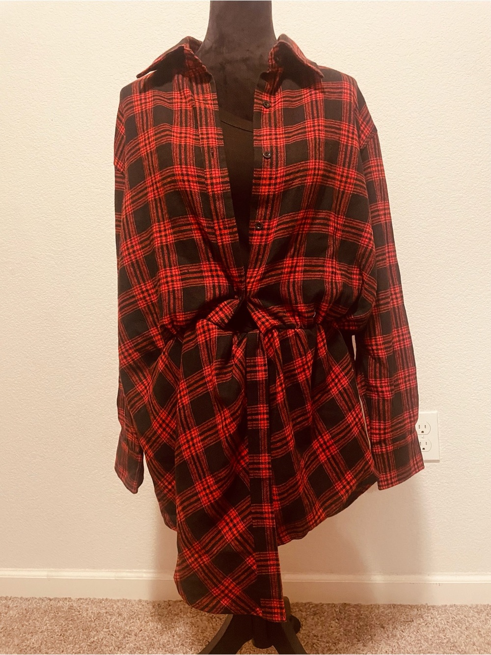 Red and Black Plaid Button-Up Shirt Dress